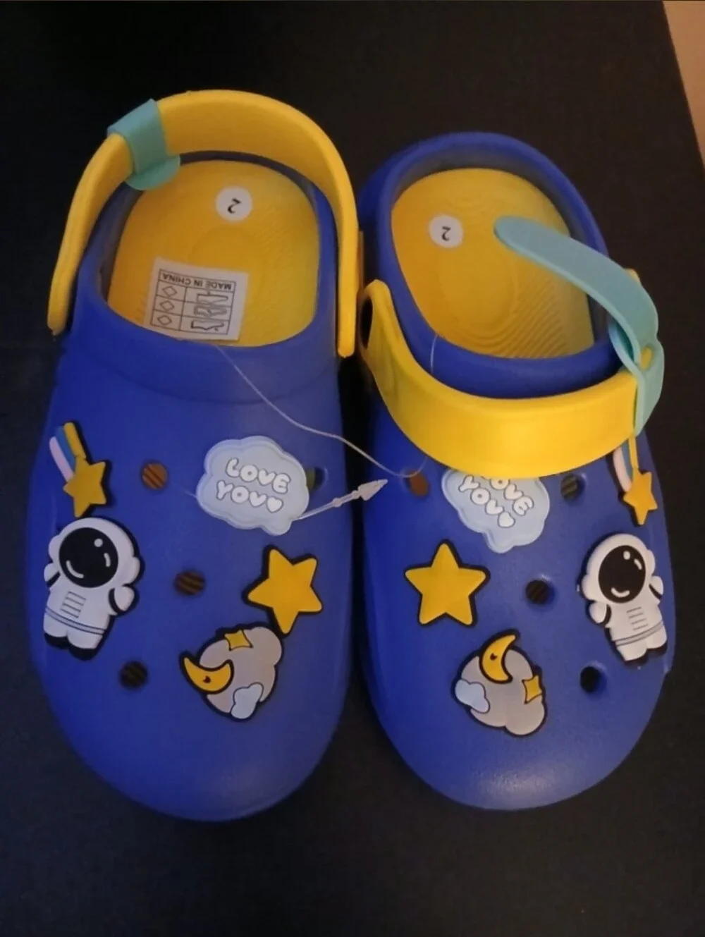 Kids Blue Clog Sandals with Yellow Strap - Space Star Design 1/2Y